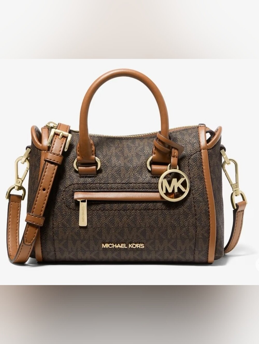 Michael Kors X-small Carine Brown Logo Satchel with Tan Leather Trim NWT